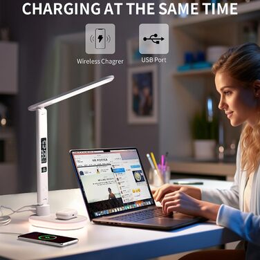 LED настільна лампа з USB зарядкою, годинником, LCD дисплеєм та регулюванням температури для спальні, офісу (біла)
