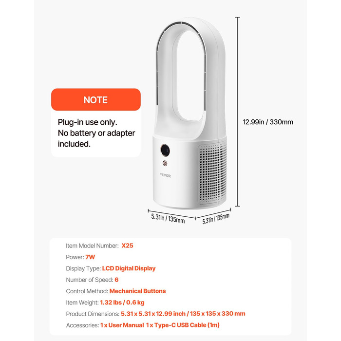 Безлопатевий вентилятор VEVOR 330 мм, портативний USB-вентилятор, 6 режимів, тихий, з LCD-дисплеєм, для дому, офісу, дитячої кімнати