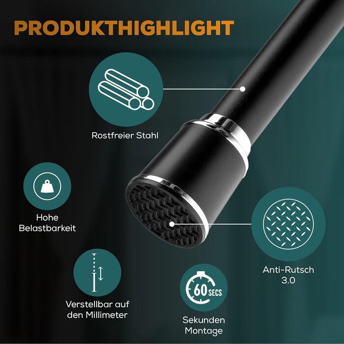 Штанга для штор Ø 32 мм, без свердління - штанга для душу та штори для вікон, перегородок та кухні (120-170 см, Чорний)