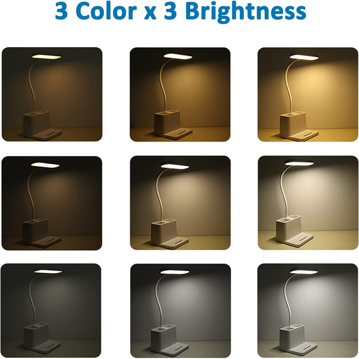 LED настільна лампа з регулюванням яскравості, 3 кольори та 3 рівні освітлення, 5W USB перезарядна лампа зі стійкою для ручок та тримачем для телефону, дитяча лампа з сенсорним керуванням для читання та навчання
