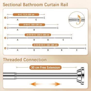 Штанга для душу без свердління, штанга для душу з нержавіючої сталі, стійка до іржі та ковзання, телескопічна висувна штанга 80-250см, для ванної кімнати, вікна, кухні, шафи