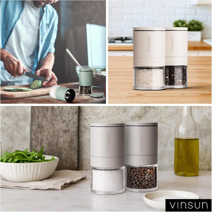 Набір з 2 мельниць для солі та перцю Vinsun - керамічний жорно, ручне регулювання, нержавіюча сталь, бежевий