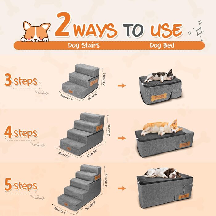 Сходинка для собак Nobleza: компактна, з валиком для шерсті, 3 сходинки, для маленьких собак та котів, під ліжко/софу