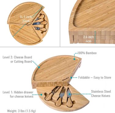 Bamboo Cheese Board with Cheese Knife Set – 37cm Round Wooden Serving Platter for Cheese and Appetizers – Rotating Cheese Board – Cheese Board Charcuterie Board – Gift Idea