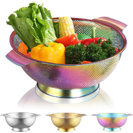 Ситечко Kyraton Gold Colander 5 Quart з нержавіючої сталі з покриттям з титану та золота, професійне, з міцними ручками та кільцем для самостійного зливу, легко миється, придатне для миття в посудомийній машині