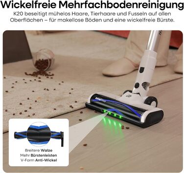 Акумуляторний пилосос ElecKeys 48000Pa/580W з LED-дисплеєм, антизаплутана щітка, 65 хвилин роботи, 7-шарова фільтрація, для твердих поверхонь, килимів та шерсті тварин, білий