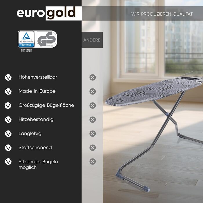 Прасувальна дошка EUROGOLD® Premium 120x42 см з підставкою для праски - стабільна, регульована по висоті, з покриттям з 100% бавовни сірого кольору