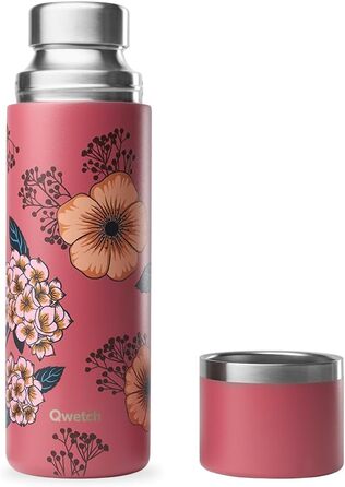 Qwetch Stainless Steel Thermos Flask 750ml - Insulated Water Bottle & Coffee Thermos with Recycled Stainless Steel Cup - 24h Cold & 12h Hot - Leakproof, BPA-Free, Perfect for Coffee & Tea - Brushed Stainless Steel (750 ml, Anemone Design)