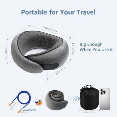 Подушка для шиї з регульованою капюшоном та 360° підтримкою шиї | Ергономічна подушка з піною з пам'яті для подорожей (літак, авто) | З чохлом та берушами | Дихаюча та пральна (темно-сіра)