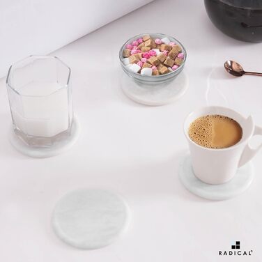 Radical coasters for drinks, marble, 8.9 cm, handmade, for mugs and glasses, coaster set for kitchen, car, office, white, set of 6