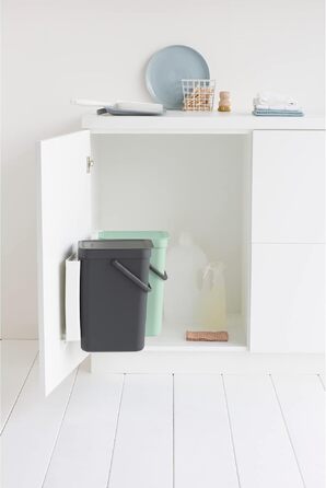 Сміттєвий кошик Brabantia Sort & Go з кришкою 16 л (світло-зелений), компактний контейнер для сортування відходів з ручкою