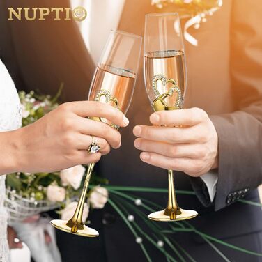 Кришталеві келихи для шампанського NUPTIO: 2 шт. для весілля, ювілею, подарунок нареченій та нареченому, золотий колір