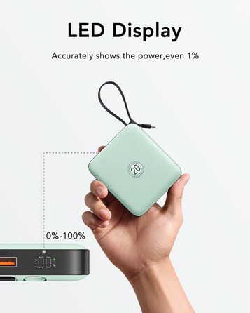 Power Bank VRURC 10000mAh з кабелем: компактний акумулятор USB-C, швидка зарядка 22.5W, LED-дисплей, сумісний з iPhone, Huawei