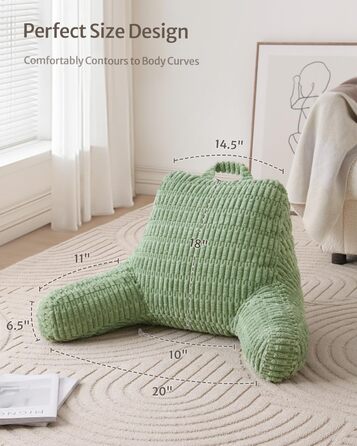 Подушка-крісло Blissful Diary для читання, з пінополіуретаном Memory Foam, для дорослих та дітей, для ліжка та дивана, з підлокітниками, кишенями та знімним чохлом, салатовий