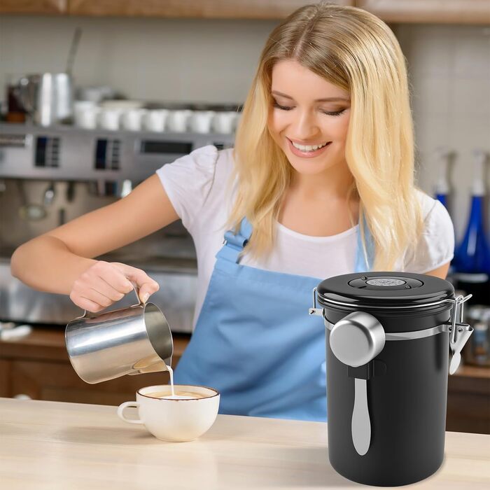 Герметичний контейнер для кави з нержавіючої сталі 304, 1,8 л, з ложкою та індикатором свіжості. Підходить для кави, чаю, горіхів, какао. Чорний колір.