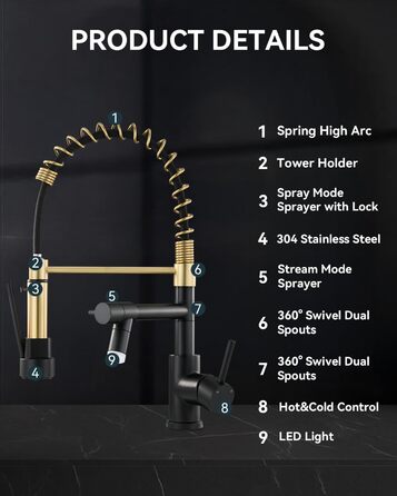 Кран кухонний LED Warmiehomy професійний, 360° поворотний, з двома виливами, високий вигин, спіральна пружина, для мийки, брашований нікель (чорний та золотий)