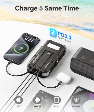 Сонячний Power Bank 26800mAh з 5 виходами USB та USB-C, водонепроникний, з ліхтариком та карабіном, для кемпінгу та зарядки телефонів/планшетів (сірий)