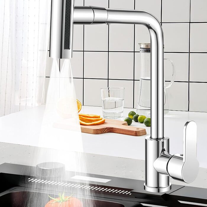 Кухонний змішувач водоспадом Ruimooto з 4 режимами, нержавіюча сталь, 360° обертання, високий тиск