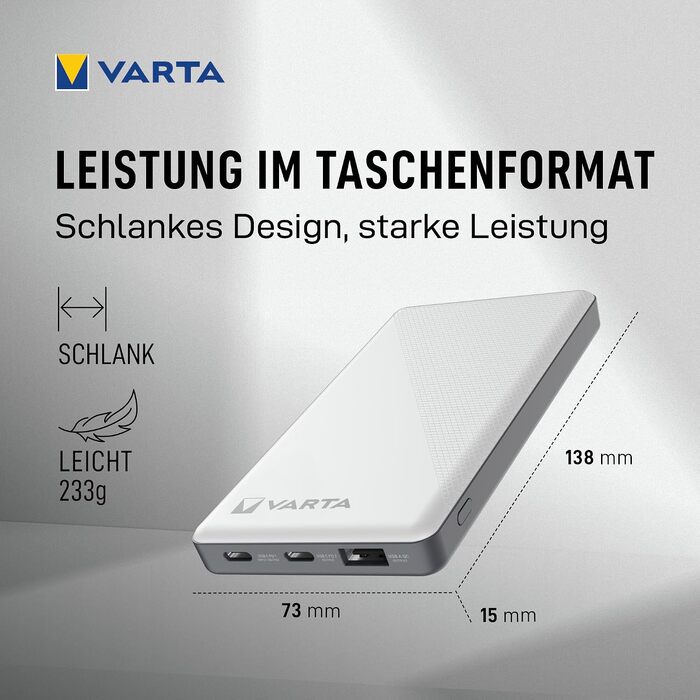 Повербанк VARTA Power Bank Energy 10000 mAh, 20W, USB-C та USB-A, Li-Polymer, з функцією Pass-Through та LED-індикатором