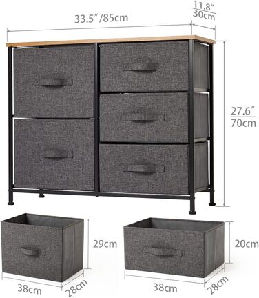 Monter Chest of Drawers, Narrow Chest of Drawers, Cabinet with 5 Large Drawers, Fabric Drawer Organizer, Clothes Storage, Storage Cabinet, 85x30x70cm, Sturdy Metal Frame, Grey