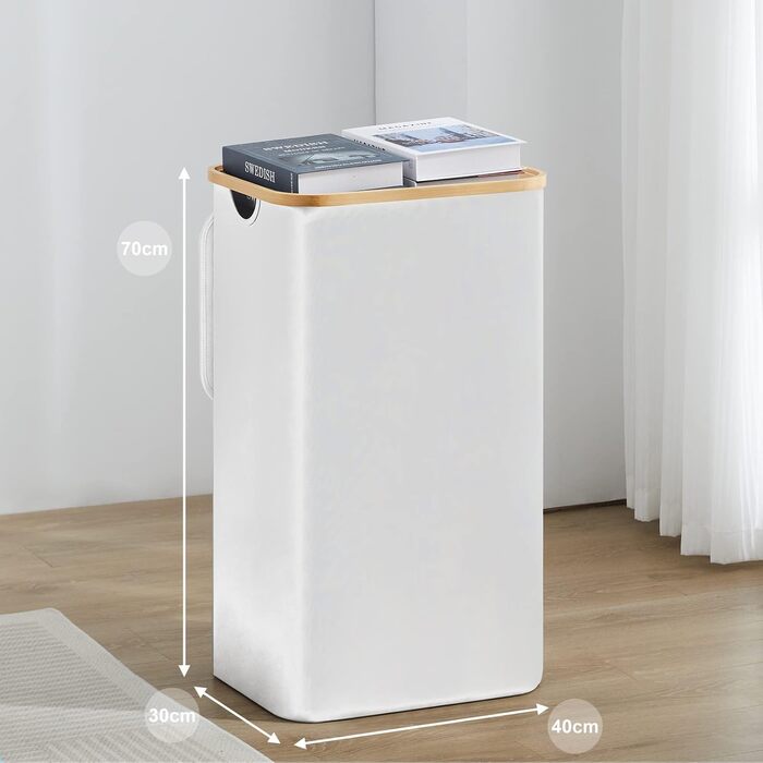 YOUDENOVA Laundry Basket with Lid 85L Laundry Collector Slim with Laundry Bag Large Foldable Laundry Sorter Wood Bamboo Laundry Chest High Laundry Baskets, White