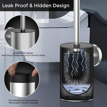 Набір для чищення унітазу WAVEWO з кріпленням на стіну, силіконова щітка та тримач, квадратна щітка з нержавіючої сталі 304, 2 насадки (кругла срібляста)