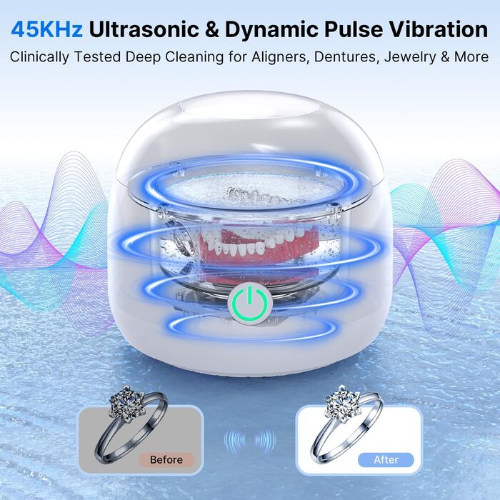 Ультразвуковий очищувач, 45000 Гц, 200 мл, для зубних протезів, альгінаторів, брекетів, зубних щіток, ювелірних виробів (білий)