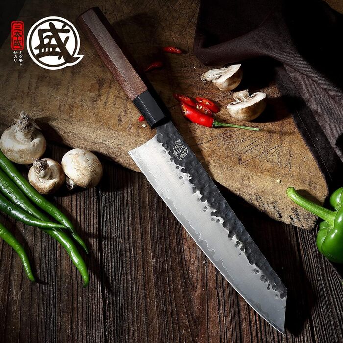 Японський ніж MITSUMOTO SAKARI Santoku 19 см з ручкою з рожевого дерева та Kiritsuke 23 см, ручне кованість, високоякісна сталь