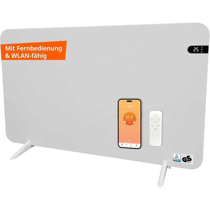 Könighaus 450W Smart Двохкамерний інфрачервовий обігрівач V2 - підлоговий/настінний - керування через Wi-Fi з пульт, з тримачем для рушників, ніжками та кріпленням. Колір: Білий 450 Вт - з дисплеєм