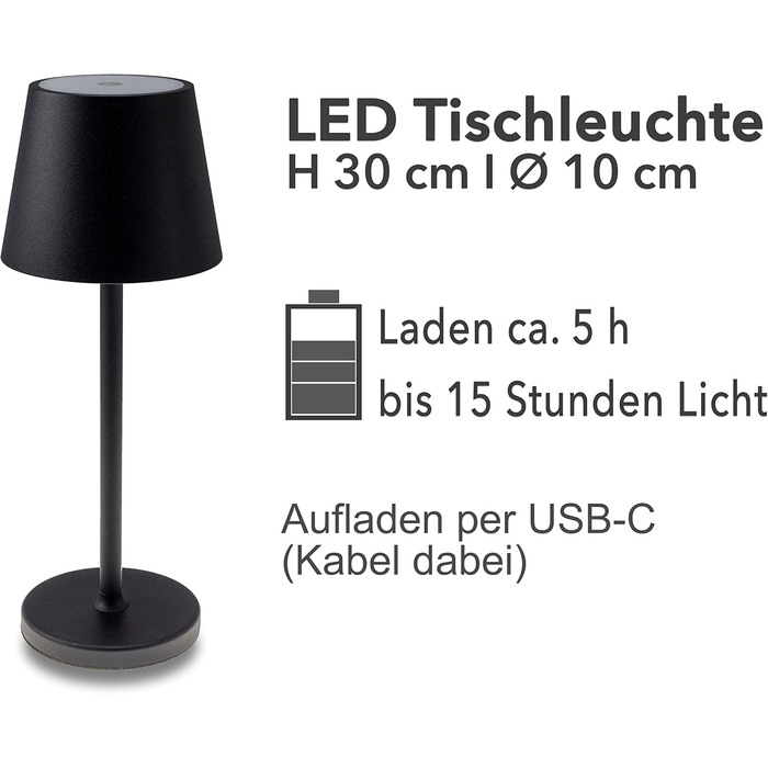 Настільний світильник акумуляторний ChiliTec 30 см LED з димером, USB зарядка, IP44, тепле світло, сенсорний вимикач (Чорний)