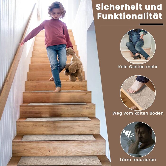 Килимок на сходи, 15 шт., самоклеючий, антиковзаючий, для дому. Розмір: 55x19 см (також 65x20 см), бежевий. Захист для дітей, домашніх тварин та літніх людей.