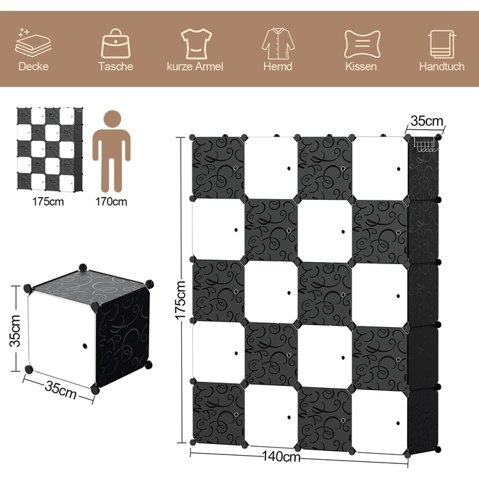 DIY Closet Shelf System, 16 Cubes Wardrobe Closet, Open Closet, Plastic Wardrobe with Doors, Wardrobe Cabinet, Black, 180 x 142 x 37CM (Black and White, 20 Cubes)