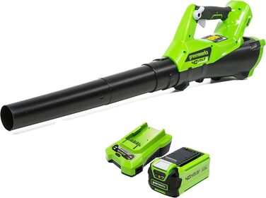 Акумуляторний повітродув Greenworks G40ABK2 з круїз-контролем, швидкість 177 км/год, потік 11,05 м³/хв, 40В 2Аг батарея та зарядний пристрій, гарантія 3 роки