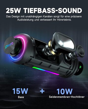 Bluetooth Портативна Колонка OHAYO з LED підсвіткою, 25W, IPX7, 24h, Bass Boost, 6 RGB режимів, для активного відпочинку, чорна