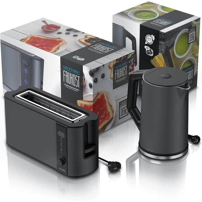 Arendo Kettle and Toaster SET Stainless Steel Cool Grey, Kettle 1.5L 40°-100°C Keep Warm Function, Toaster 2 Slice LED Display 6 Browning Levels, Bread Tray, A: Cool Grey