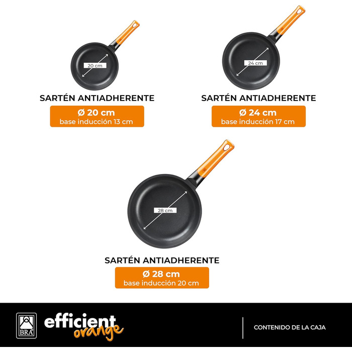 Набір сковорідок BRA Efficient Orange, алюмінієвий, чорний, 20/24/28 см, 4 шт.