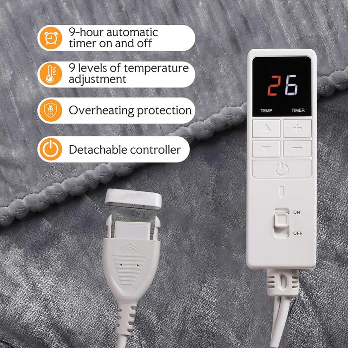 Електрична ковдра з автовимкненням 130x180 см – 9 рівнів нагріву, таймер, захист від перегріву, чорна