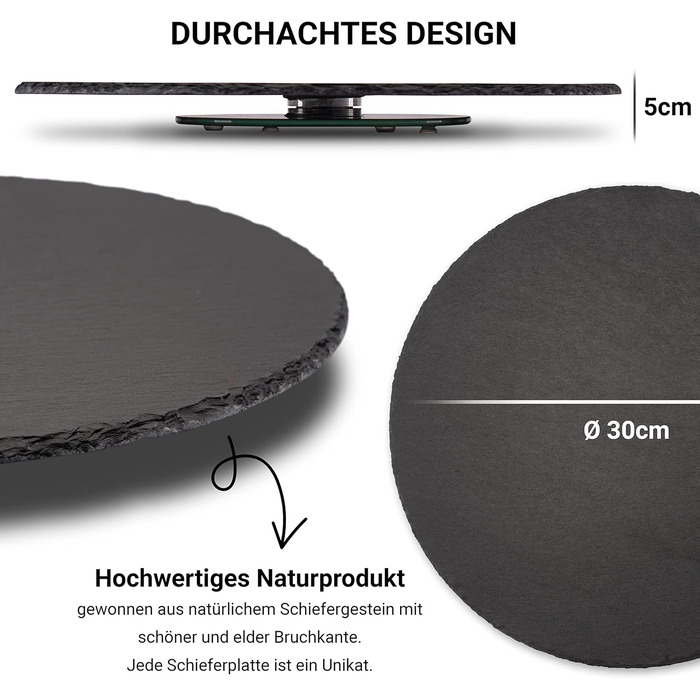 Rotating slate plate round, serving platter, cake plate, sausage plate, cheese plate. The slate cake plate with foot, serving platter, rotating turntable, tiered serving stand, decorative tray, table decoration.