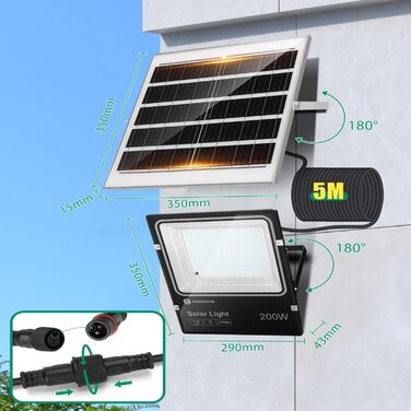 Aigostar Solar LED Floodlight Outdoor with Large Solar Panel, 5m Cable, Dimmable 3000K/4500K/6500K, 8000mAh, Large Battery Capacity, IP66, Solar Lamps for Outdoors, Gardens, Solar Light with Remote Control (16000mAh, 5M Cable)