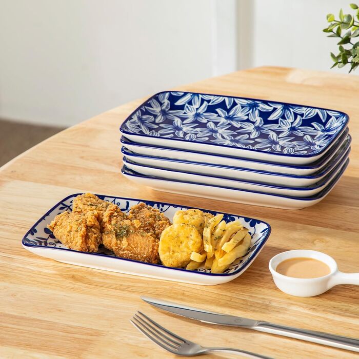 Набір сервірувальних тарілок Vancasso Selene (6 шт.) - великі, прямокутні, порцелянові, для свят, сніданків, фуршетів, сирної тарілки, мікрохвильова піч та посудомийна машина, блакитно-білий колір