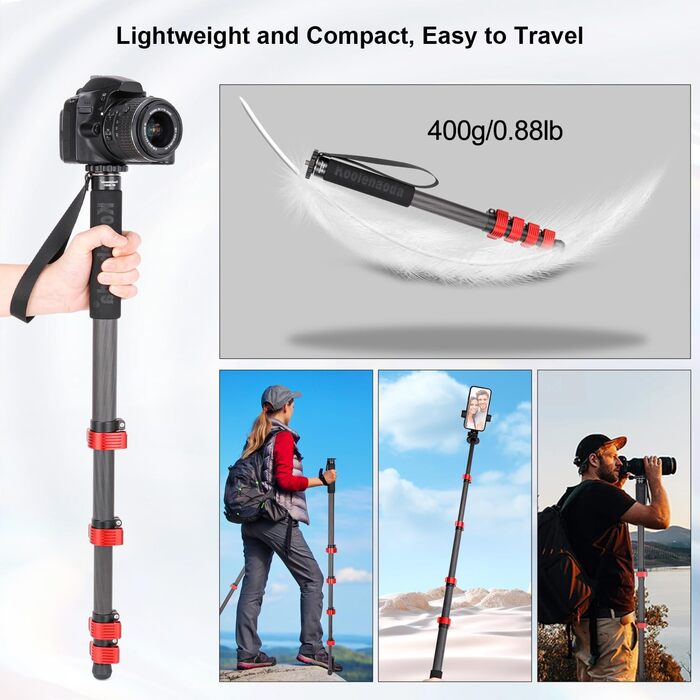 Монопод Koolehaoda MP-285EC для камери: карбонове одноноге штатив, 166 см, 6 секцій, вантажопідйомність 10 кг