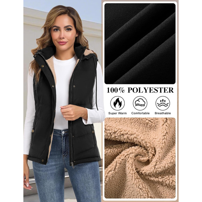 Жіноча жилетка Tuopuda з капюшоном, стеганий фліс, утеплена флісом, тепла зимова куртка без рукавів, термо жилетка, комір-стійка, жилетка з капюшоном, блискавка, осінь/зима, чорний колір, розмір L