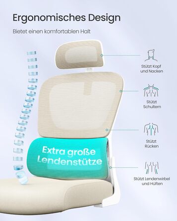 Офісне крісло SONGMICS з підтримкою попереку, сірий бежевий, з регульованою підголівником, для дому та офісу