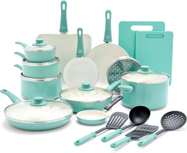 Набір керамічного посуду GreenLife Soft Grip 23 предмети, без ПФАС, антипригарний, для кухні, з кухонними аксесуарами, бірюзовий, можна мити в посудомийці