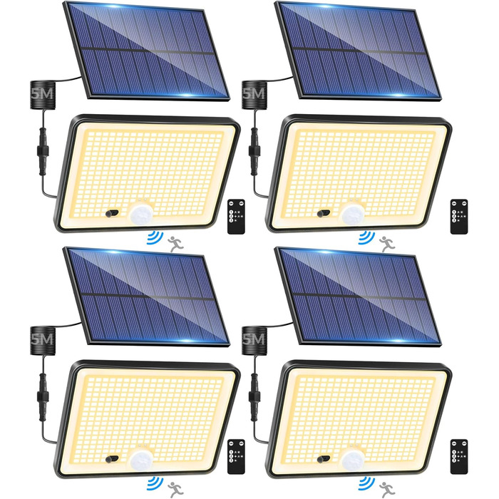 LOTMOS 2 Pack Solar Lights for Outdoor with Motion Sensor, 342 LED Outdoor Light Solar IP65 Waterproof Solar Spotlight 3 Modes with Remote Control, Solar Lamp Outdoor for Garden Garage Exterior (Warm White, 4 Pack)