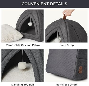 Ліжко для котів BEDSURE велике, 40x40x40 см. Затишне ліжко-будиночок для котів з м'якою подушкою Sherpa та іграшкою. Легко миється, колір - темно-сірий.