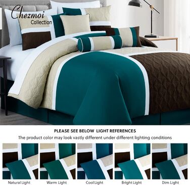 Комплект постільної білизни Chezmoi Collection Upland 7-piece, Patchwork Design, розмір King (Oversized), блакитно-зелений/бежевий/коричневий