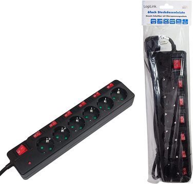 Смуга живлення LogiLink LPS233 6-fach з вимикачами та захистом від перенапруги (Schutzkontakt) - CEE 7/3, з дитячим замком, чорна