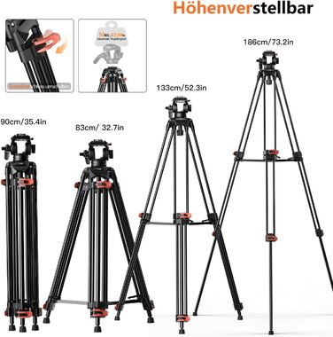 Штатив для камери COMAN 186см з алюмінію, 360° обертання та +/-90° нахил, відео штатив, максимальне навантаження 10кг