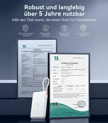 Портативний зарядний пристрій TORRAS 10000mAh з кабелем USB-C, 22.5W PD3.0, білий. Сумісний з iPhone, Samsung, AirPods.